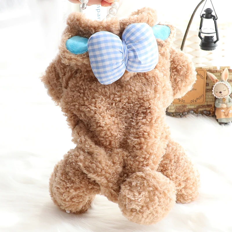 

2021 Winter Puppy Dog Clothes Soft Velvet Warm Jackets Jumpsuits Pink Blue Lattice Bow Romper For Small Medium Dog Pet Overalls