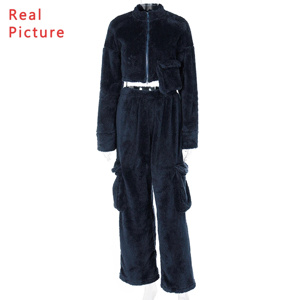 

Missnight Fashion Woolen Black Coat Women Turtleneck Pocket Straight Pants Sweatpants Cropped Winter Coat Zipper Streetwear Fall