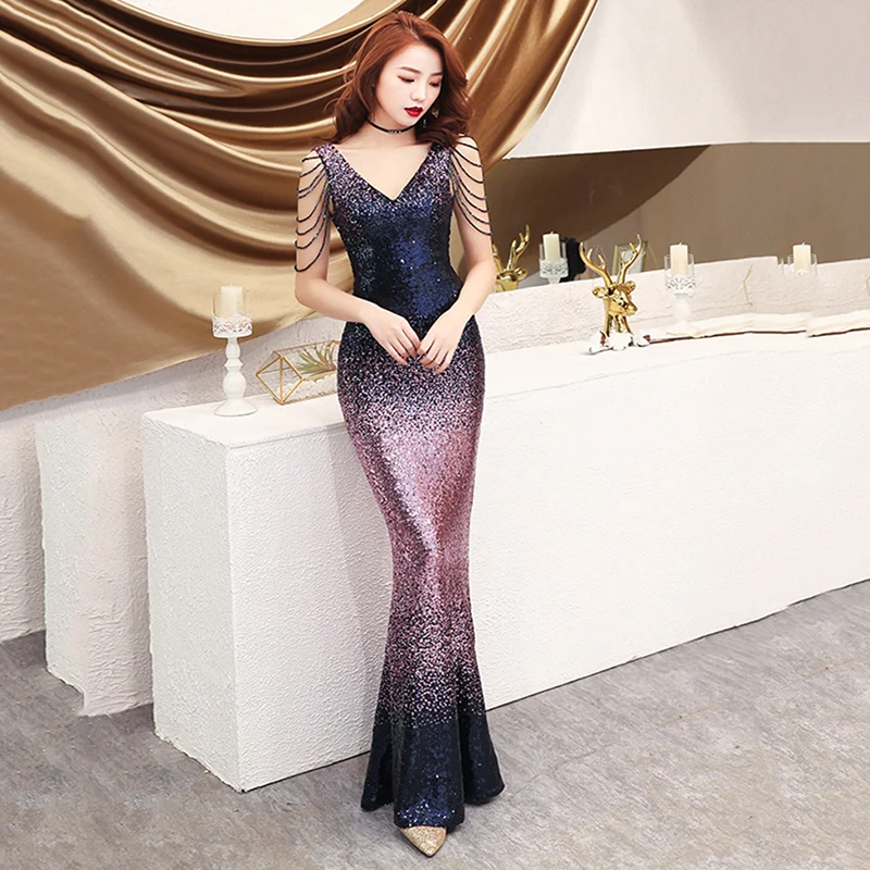 Сексуальное женское тонкое платье Qipao, элегантное вечернее платье с рыбьим хвостом, новинка, Платье макси с блестками, летнее новое платье без рукавов De Soiree