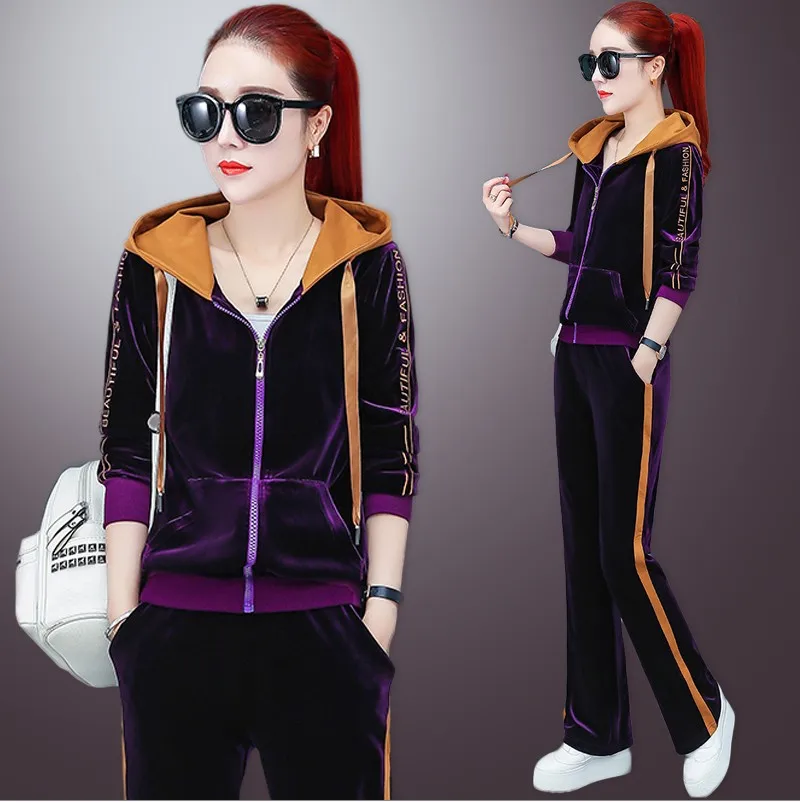 Женский спортивный костюм бархатный свободный на молнии куртка с капюшоном и