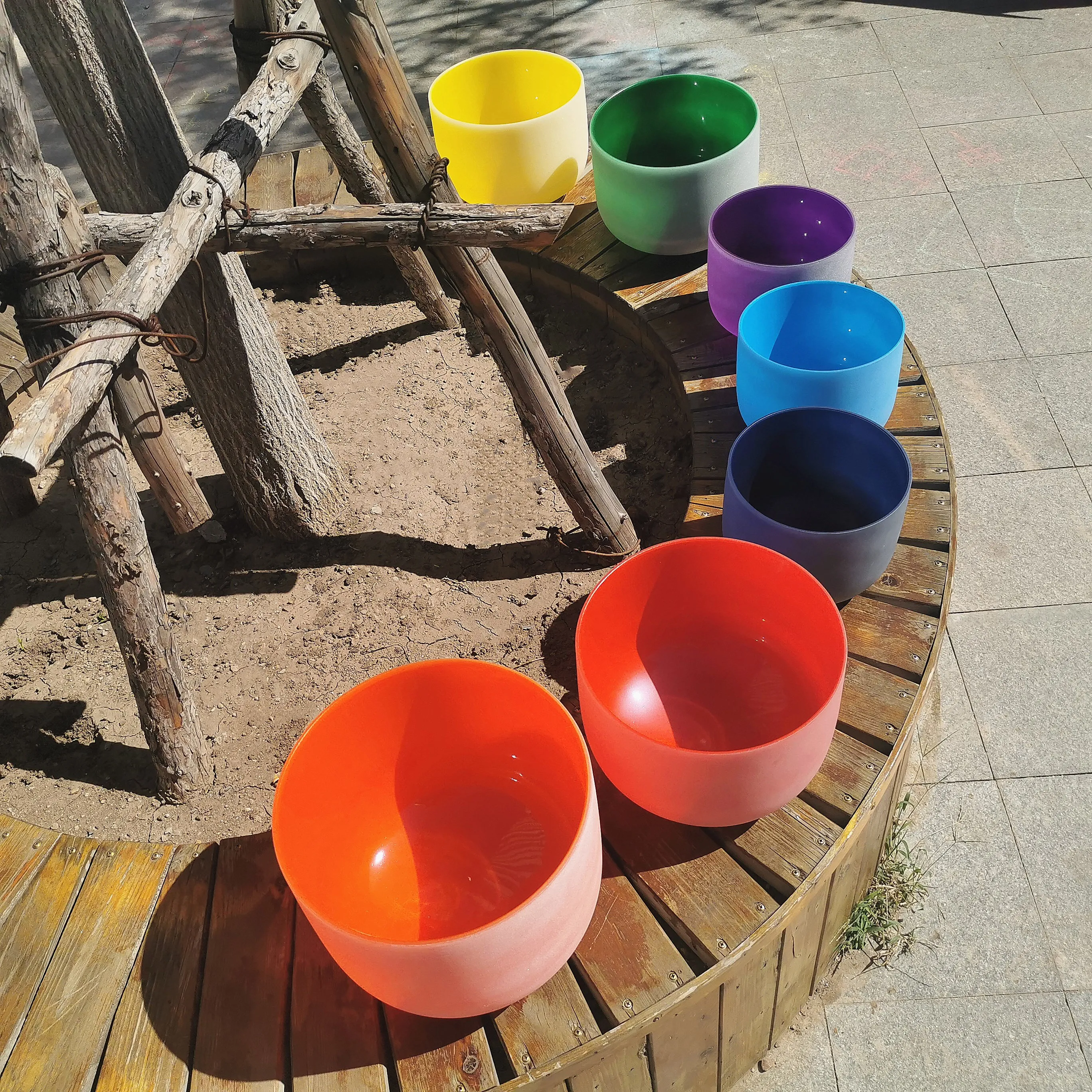 

KVKA 8"-14" Note CDEFGAB set of 7PCS Colored Chakra Frosted Quartz Crystal Singing Bowl