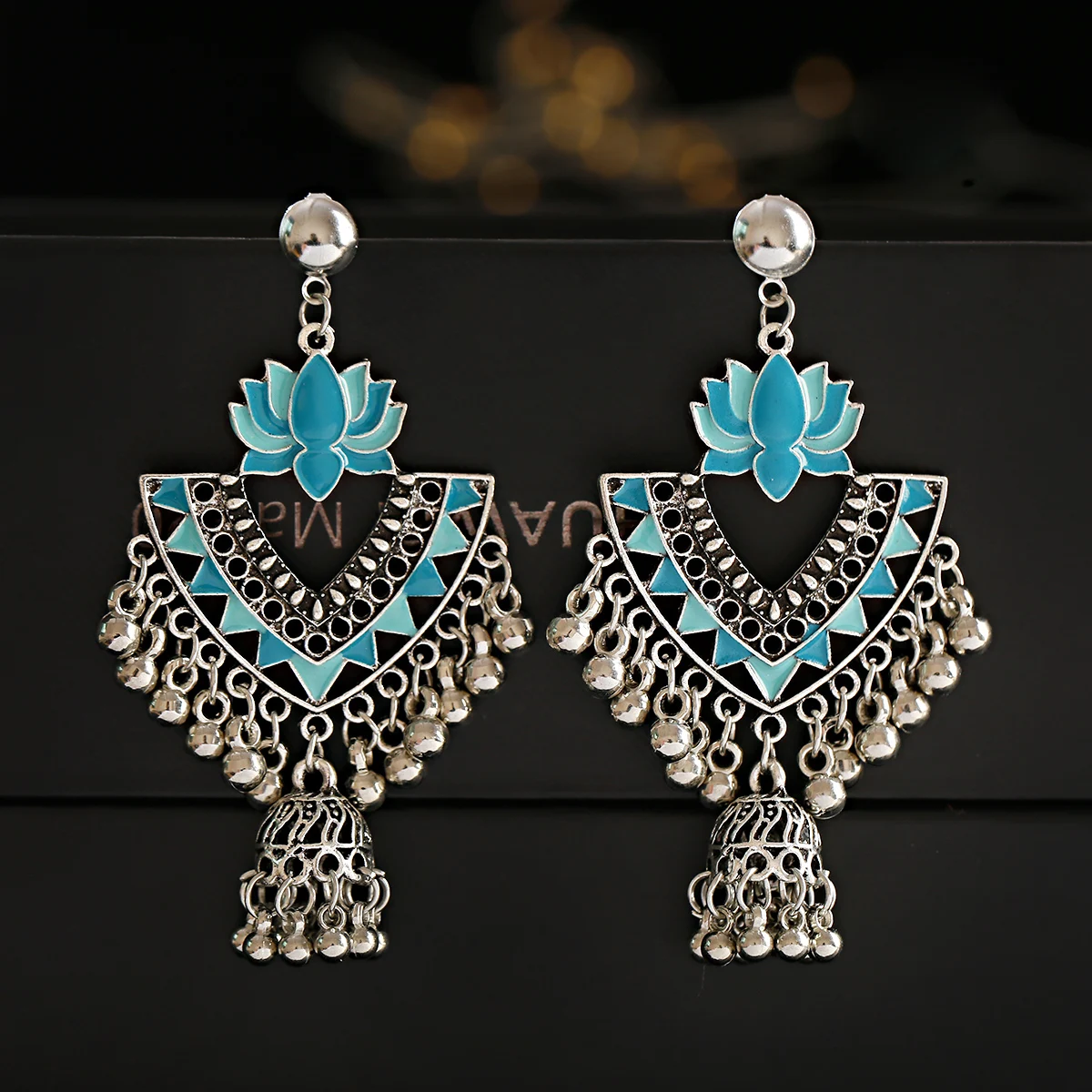 

Ethnic Lotus Silver Color Jhumka Tassel Statement Earrings For Women Ethnic Geometric Turkish Tribal Gypsy Bells Indian Jewelry