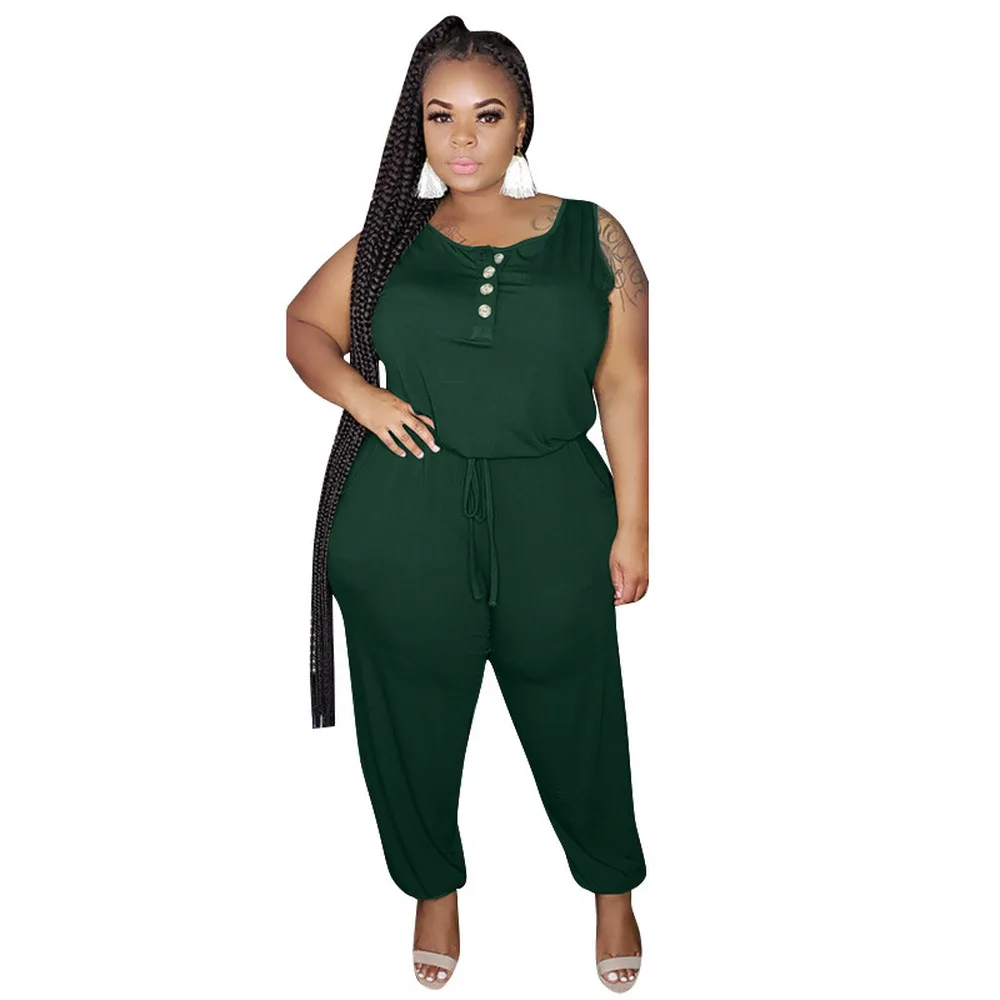 

Solid Color Plus Size Sexy Loose Jumpsuit Women Crew Neck Sleeveless Full Length Bodysuit Office Lay Elastic Waist Button Romper