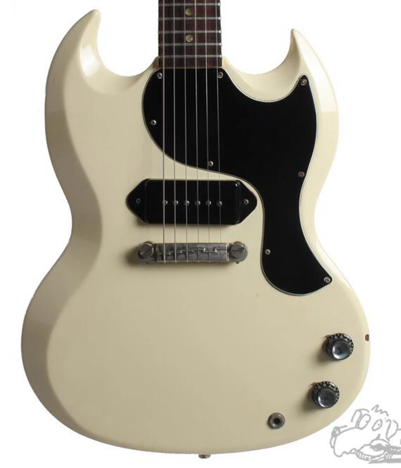 

Custom Shop 1965 Polaris White Cream SG Junior Electric Guitar Single Black P-90 Pickup, Vintage Tuners, Wrap arround Tailpiece