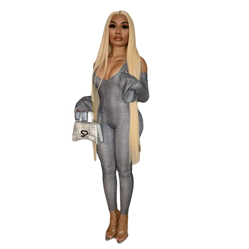 

Sexy Solid Women Jumpsuits 2021 New Arrivals Flare Sleeve Shoulder Hollow Out Skinny Pants Nightclub Sports Rompers Real Photo