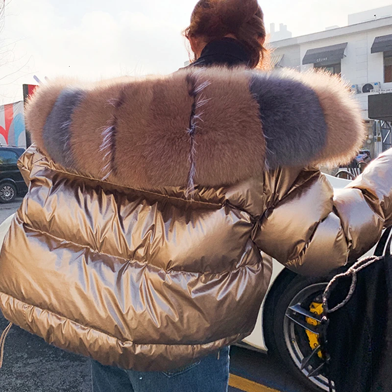 Женское двустороннее серебряное Золотое пуховое пальто Зимняя большая лиса
