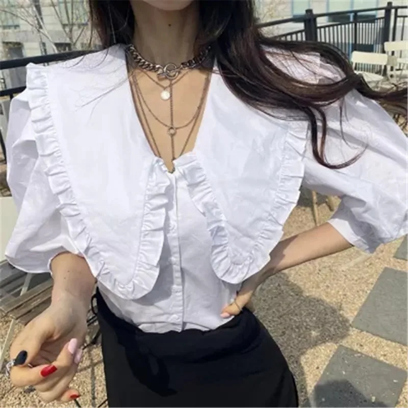 

Korean Style Summer New Sweet Big Lapel Sleeve Shirt
