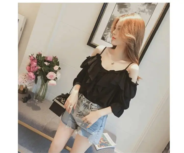 Elegant White Blouse Women Summer Thin Strap Vintage Ruffle Sexy Off shoulder Top Chiffon Blouses Shirt 2021 Korean Fashion plus size blouses