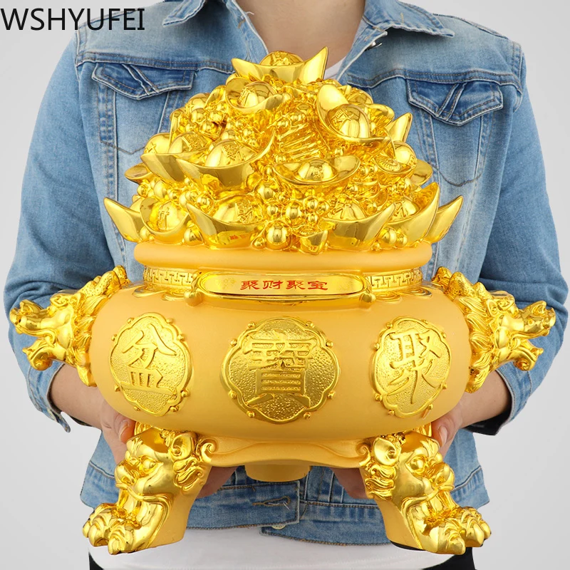 Китайская Золотая миска счастливого сокровищ Fengshui статуя из смолы домашний