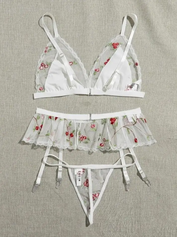 2021 Сексуальный нижнее белье Набор Цветочная Вышивка Бра + Трусики + Подвязки Прозрачные Женские Эротические комплекты для медового месяца.