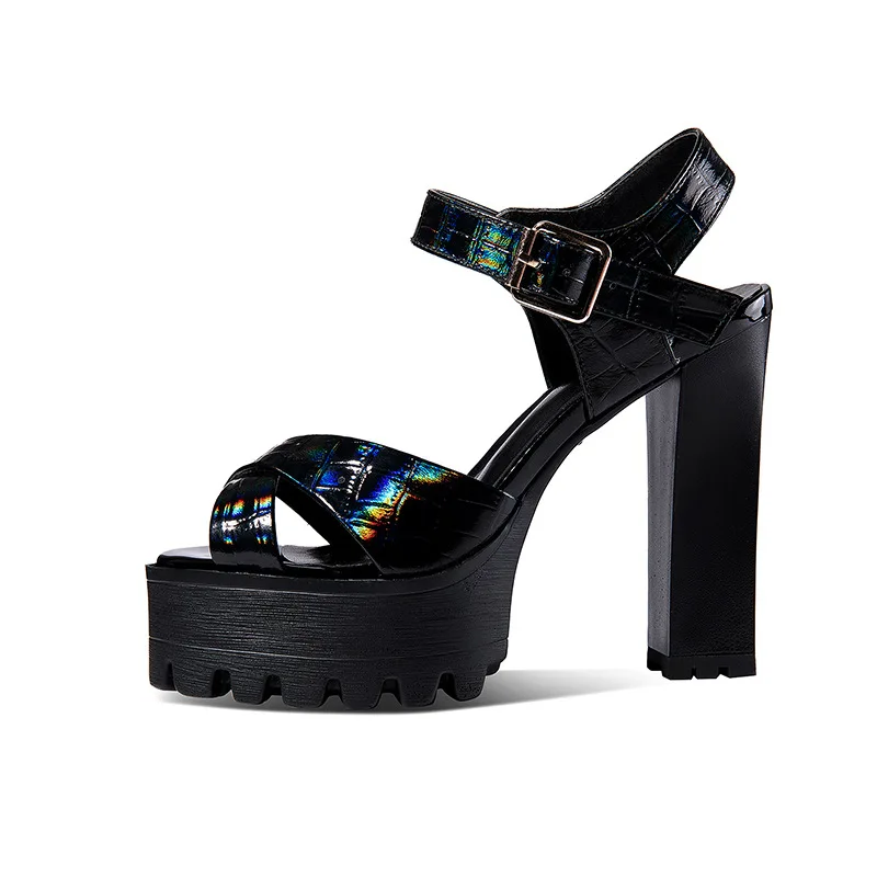 

2021 summer new women's shoes fish mouth thick high heeled shoes color cow thick bottom buckle sexy fashion