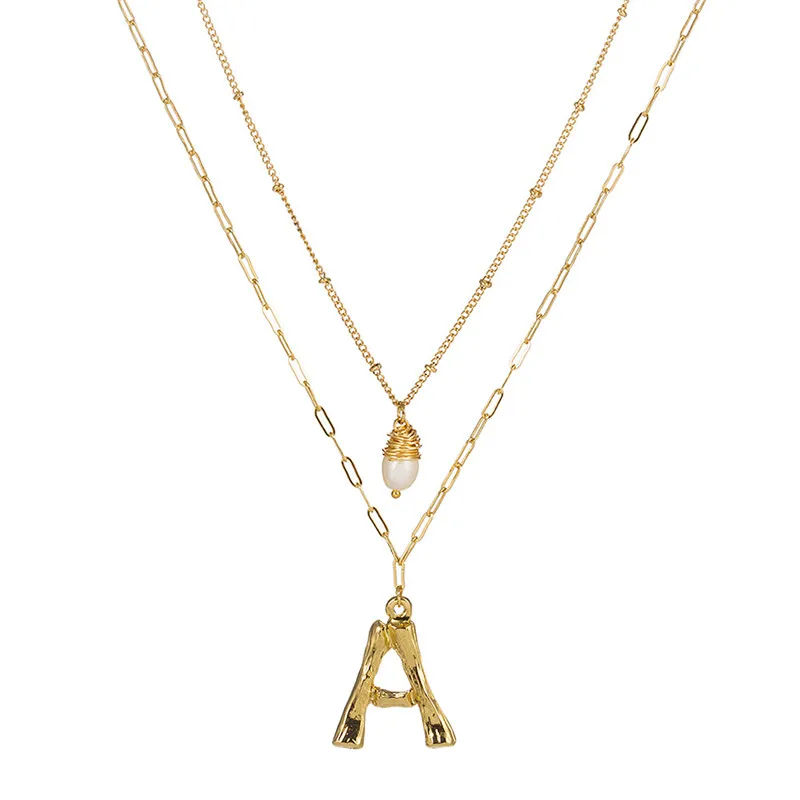 

Fashion Letter Natural Pearl Gold Color Pendant Necklace For Women Multi Layered Gold Link Chain Necklace Engagement Gift