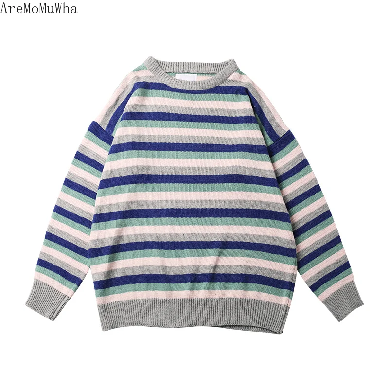 

AreMoMuWha Contrast Striped Sea Soul Long-sleeved Sweater Korea Hong Kong Style Loose BF Style VF Sweater for Men and Women