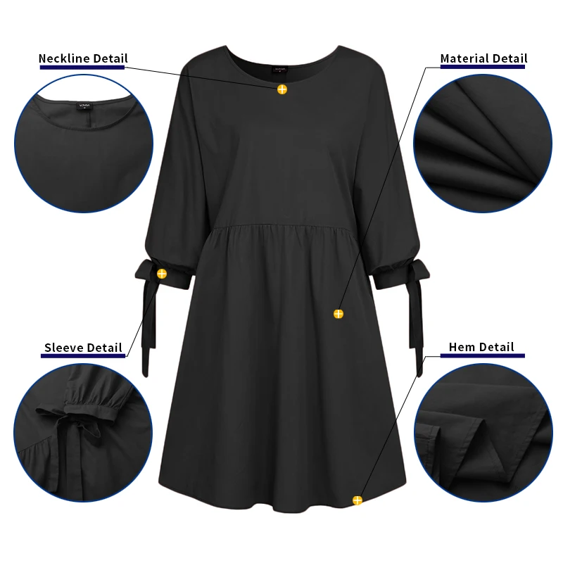 

S-5XL 2021 VONDA Women Dress Casual 2/3 Sleeve Solid Pleated Sundress Loose O Neck Cotton Bohemian Vestidos Knee-Length Robe