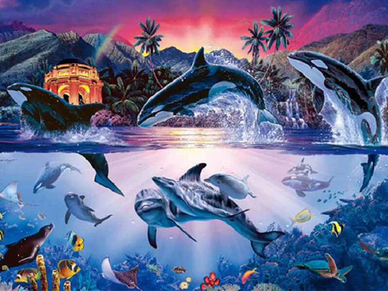 Полный квадратный круглый 5D DIY Алмазная картина Дельфин окрашенная мозаика