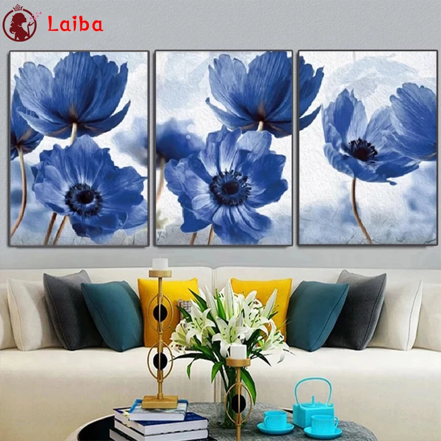 

Full Square Diamond Embroidery Abstract blue flower art Sale Gift Handicraft Diamond Painting Cross Stitch Home Decoration3pcs