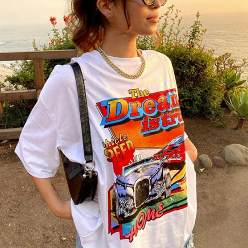 

White Car Letter Print Graphic T Shirts Women Oversized Loose Casual Streetwear Short Sleeve 2021 Summer Fashion Top Plus Size