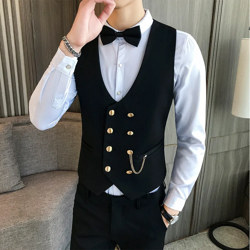 

Fit For Dress Party Prom Double-breasted Vest Slim Vest Disco Men Gilet Waiter Mens Male Waistcoat Casual Clothes Tuxedo Homme W