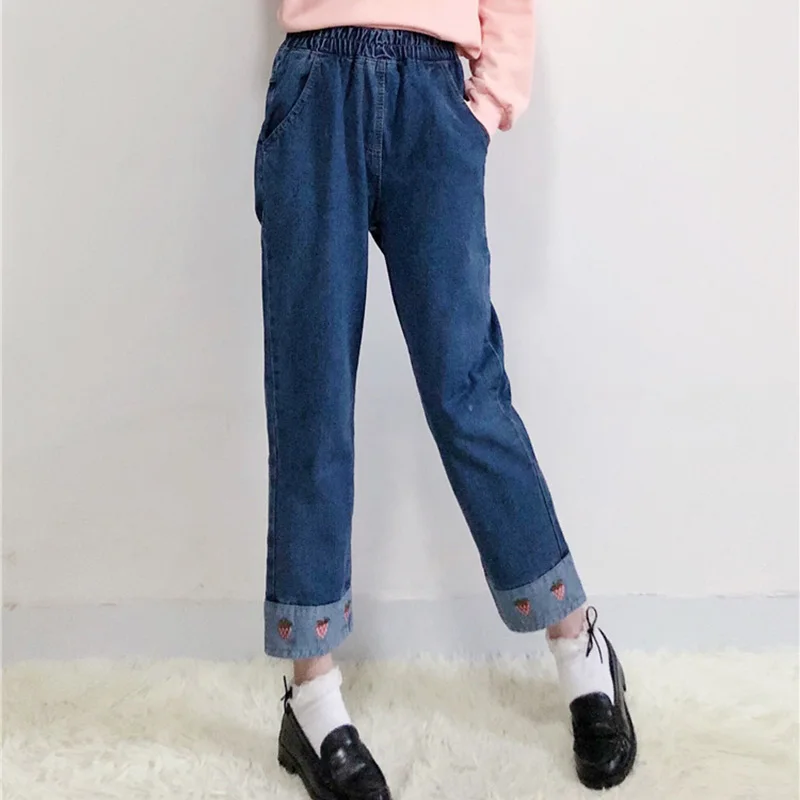 Джинсы женские, с вышивкой клубники, с карманами, до щиколотки, с эластичным поясом, простые, универсальные, в Корейском стиле, для студентов от AliExpress WW