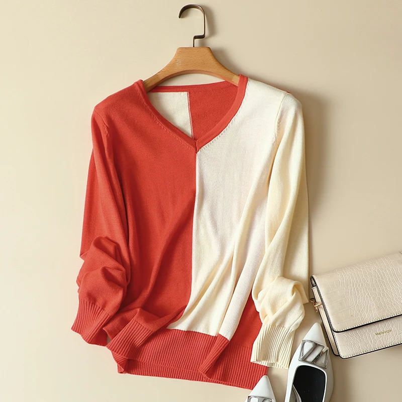 

2021 Spring And Autumn New Thin V-Neck Long Sleeve Pullover Knitted Loose Splicing Color Women'S Sweater