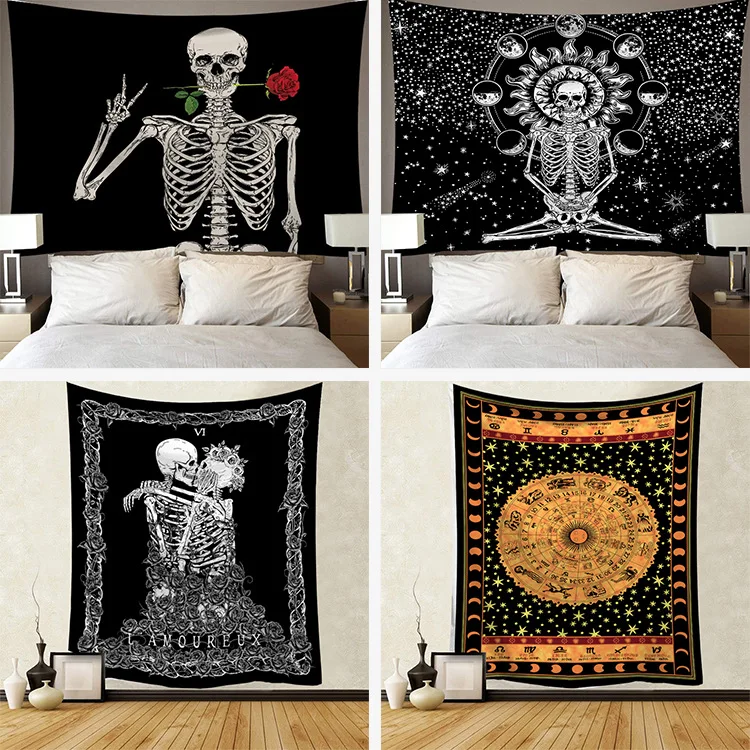 

Black White Style Skeleton Sun 3D Print Wall Tapestry Bedroom Aesthetic Custom Wall Hanging Large Black Cute Tapestry Luxury