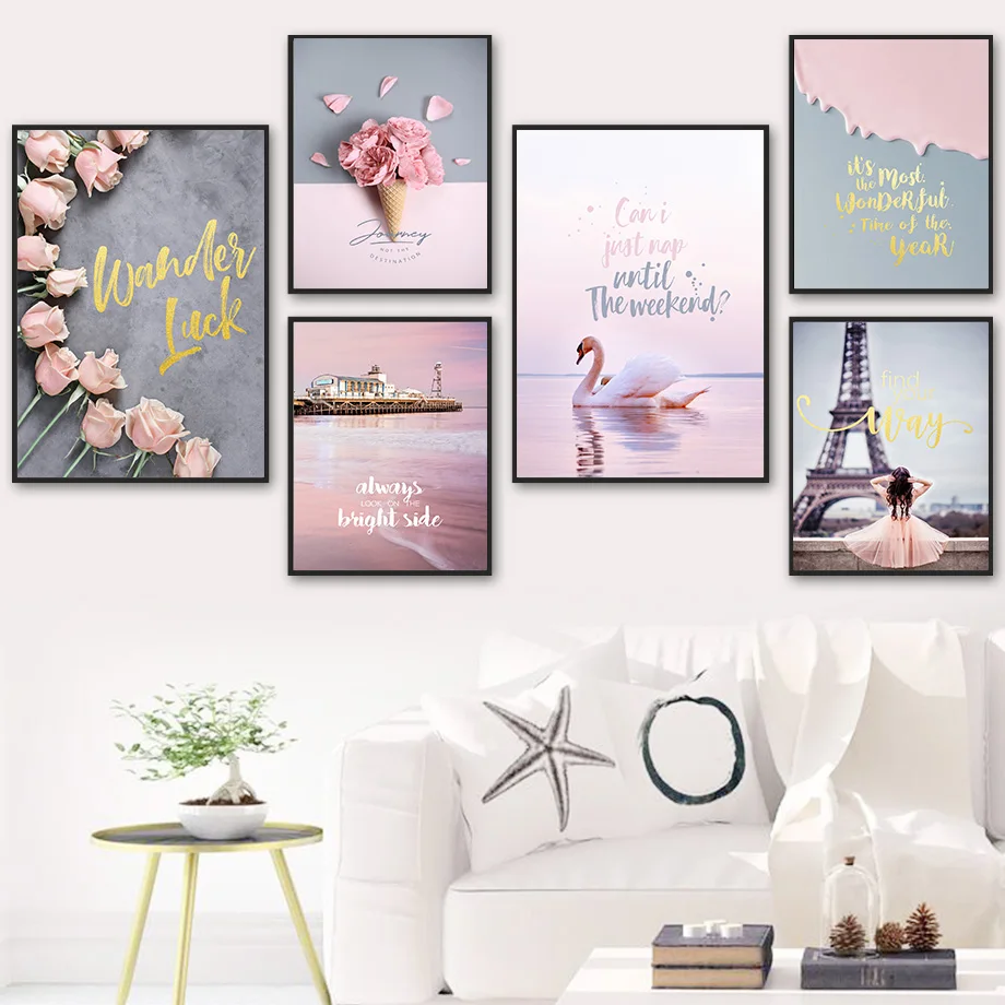 

Pink Swan Petal Flower Cream Girl Beach Wall Art Canvas Painting Nordic Posters And Prints Wall Pictures For Living Room Decor