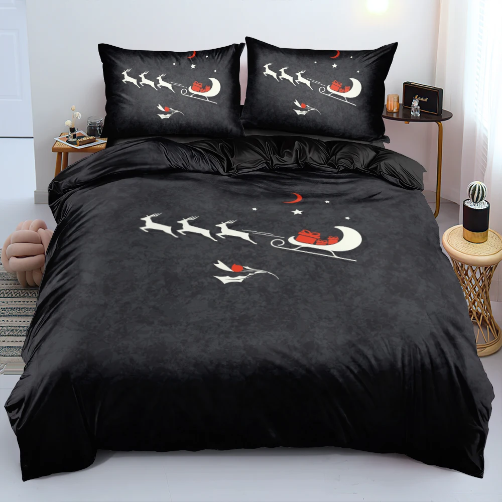 

Christmas Series Reindeer Santa Claus Comforter Cover Sets Single Double Queen King Quilt Cover Pillow Cases Soft Black Bed Set