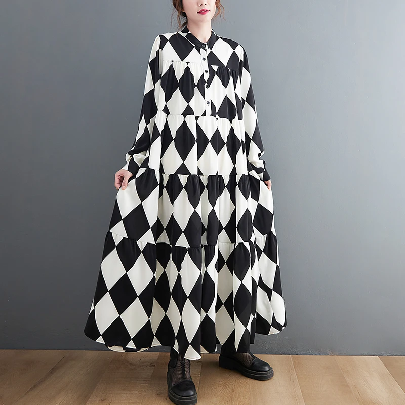 

Black White Plaid Dresses For Women Long Sleeve Loose Casual Vintage Shirt Dress Fashion Elegant Clothing Spring Autumn 2021