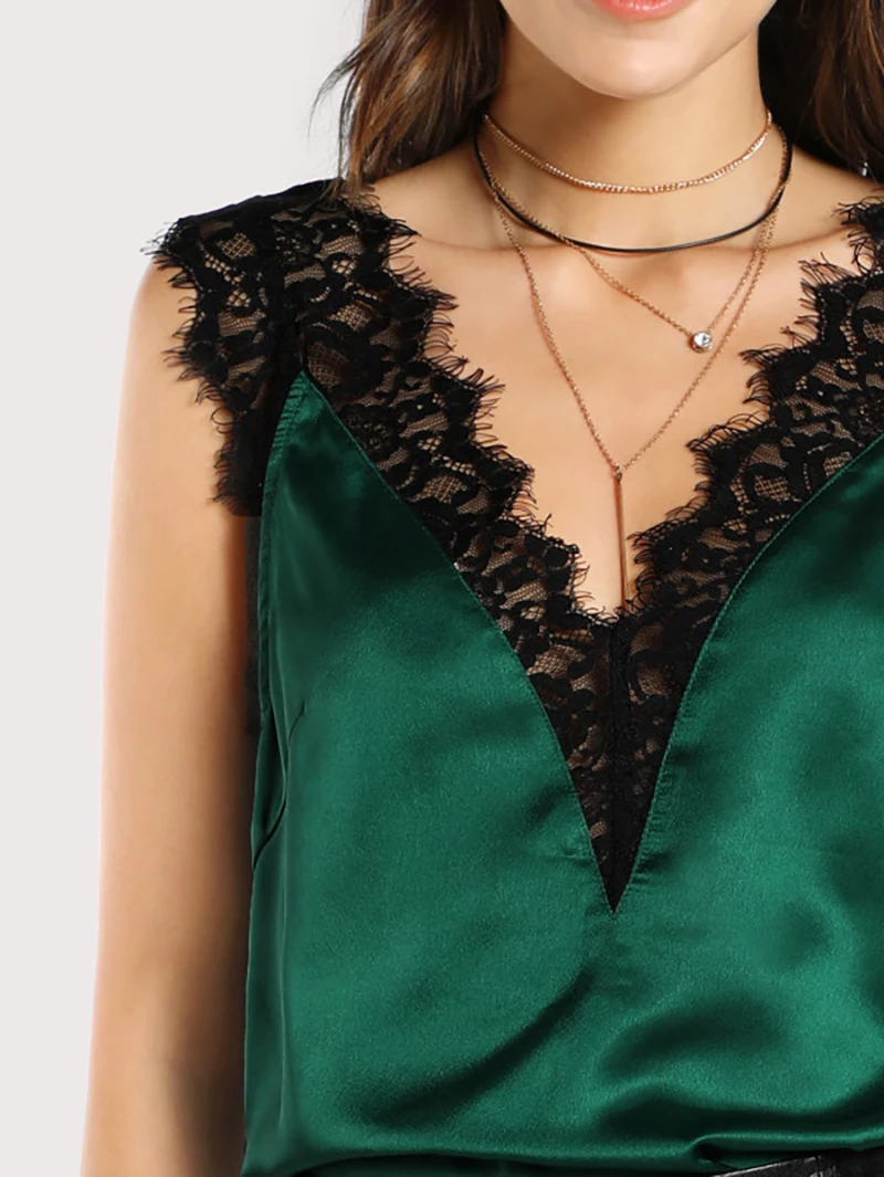Кружевной топ с двойным v образным вырезом атласный Шелковый Топ сексуальные