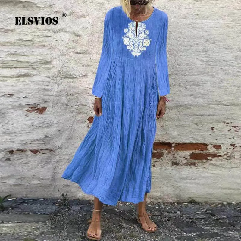 

ELSVIOS Women Sexy V-neck Cotton Dress 2019 Summer embroidery floral Long Sleeve Dresses Elegant Empire Beach Dress Vestidos