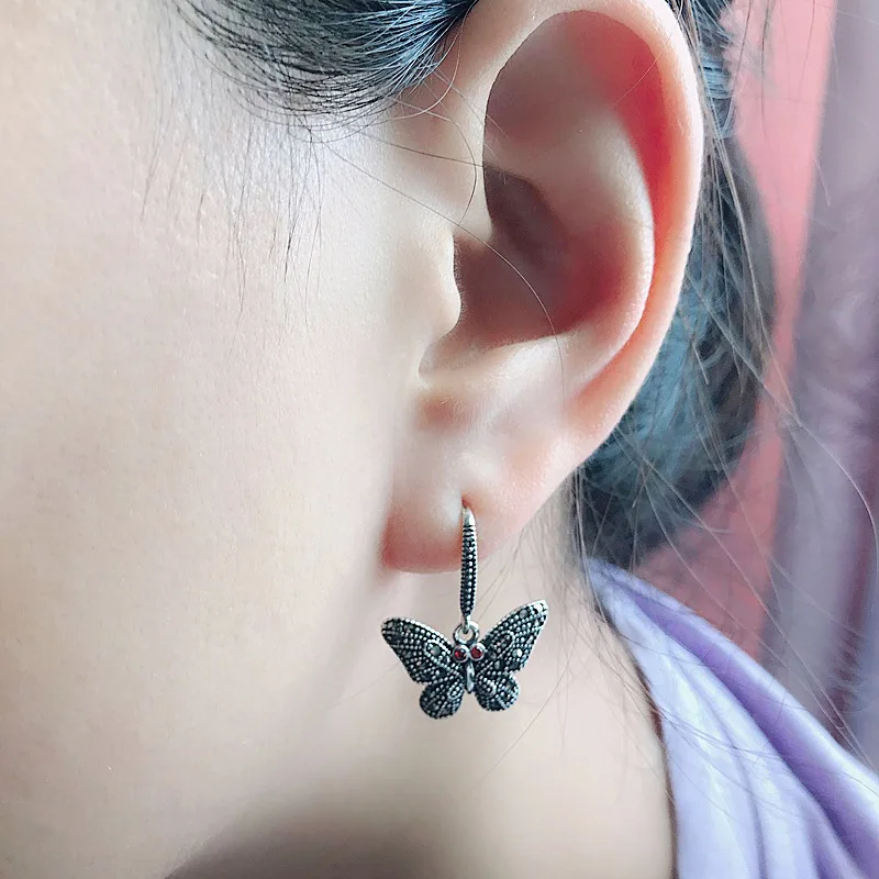 Серьги бабочки FNJ из серебра 925 пробы с красным камнем|Серьги-подвески| |