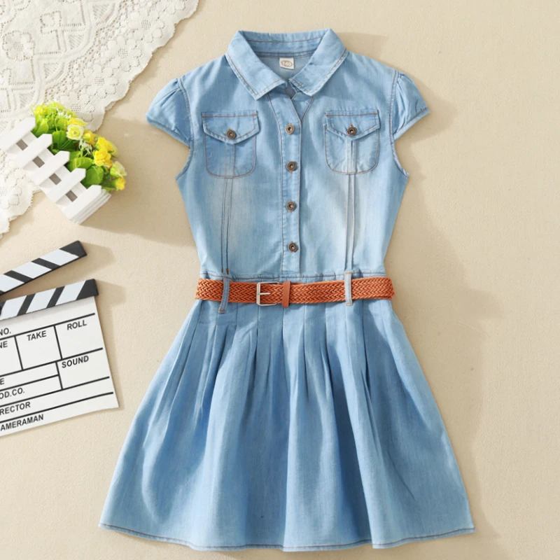 Big Girl's summer denim dress 2019 new cutie children ouftits 5 6 8 10 12 15 year old girl princess including belt | Детская одежда