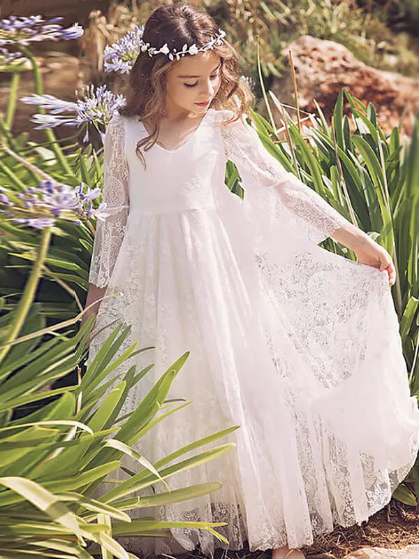 

Flower Girl Dresses Lace Girl Dresses For Wedding three quarter sleeve Vintage Little Girl Pageant Dresses Princess Kids Gown