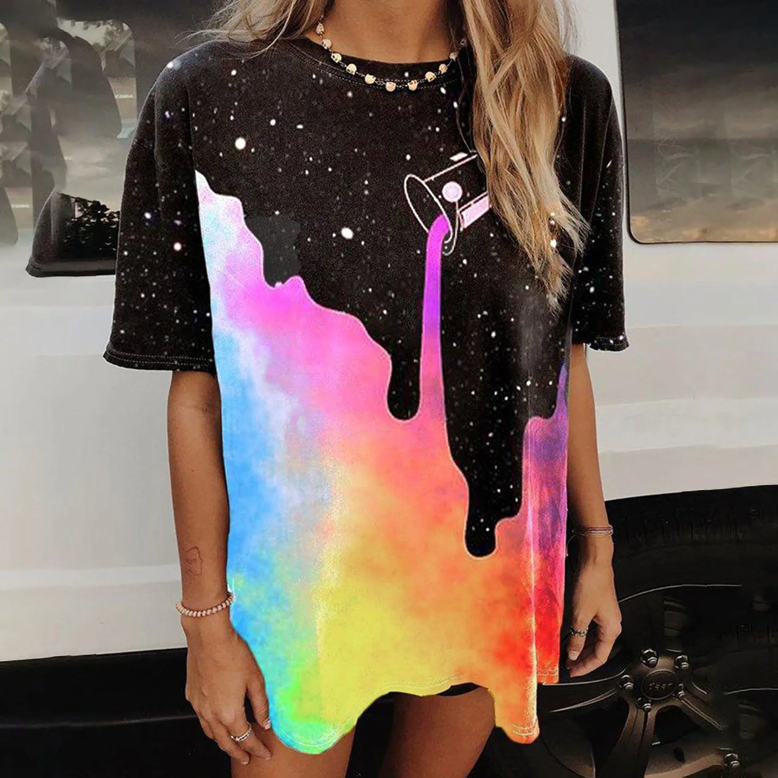 

Fashion Women Casual Solid Tops Vintage Short Sleeves Hand-painted Printed Pattern Loose Classic Blouse
