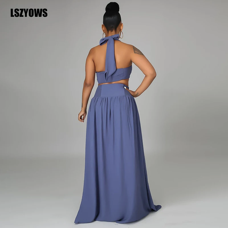 

Summer Casual Two Piece Skirts Set Women Halter Bandage Crop Top Split Long Skirt Matching Sets Beachwear Party 2 Pieces Outfits