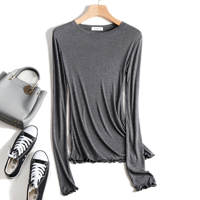 

Cotton Knitted Deep O-Neck Slim Tops Sexy T shirt Front Button Ruffles Long Sleeve Autumn Elegant Women T-shirt See Through 2022