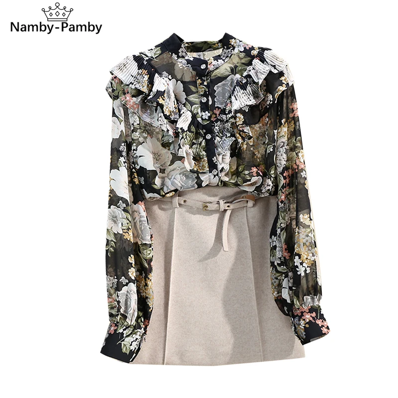 

Spring Autumn Women's Chiffon Shirt Lantern Sleeve Chiffon Shirt Ruffled Long Sleeve Floral Shirt Female Top GD438