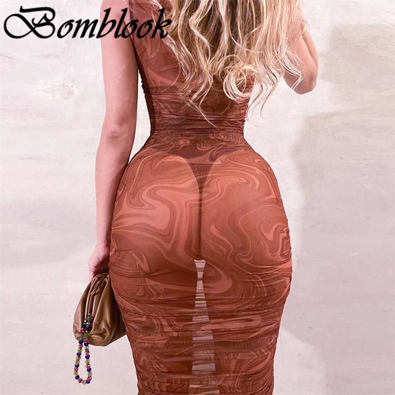 

Bomblook Sexy Party Club Bodycon Dresses For Women's 2021 Summer Solid Sleeveless See Through Mesh Midi Dress Female Streetwears