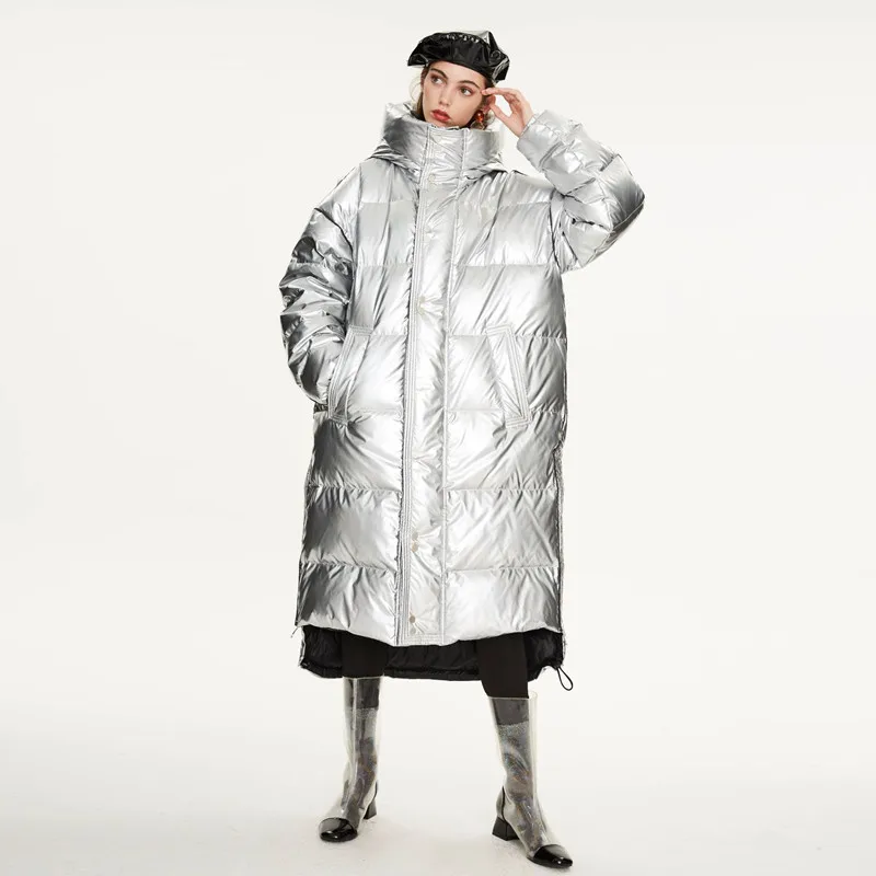Зимний новый корейский непромокаемый лазерный пуховик Блестящая серебряная