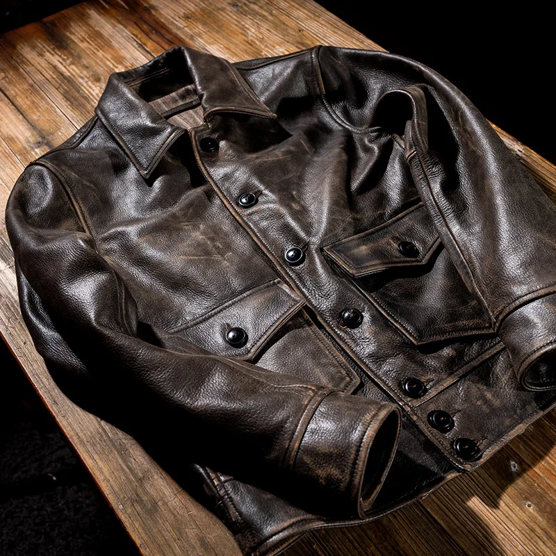 

Retro Brown 2021 American Style Biker's Genuine Leather Jacket Men Plus Size 4XL Real Cowhide Slim Fit Motorcycle Natural Coat