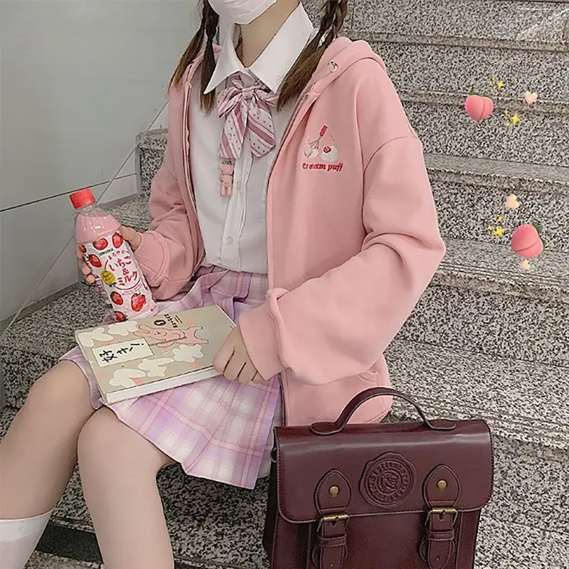 

Japanese Harajuku Kawaii Cute Hoodie Zipper Women Sweatshirt Spring Oversized Hoodies Clothing Plus Size Pink Hoodie
