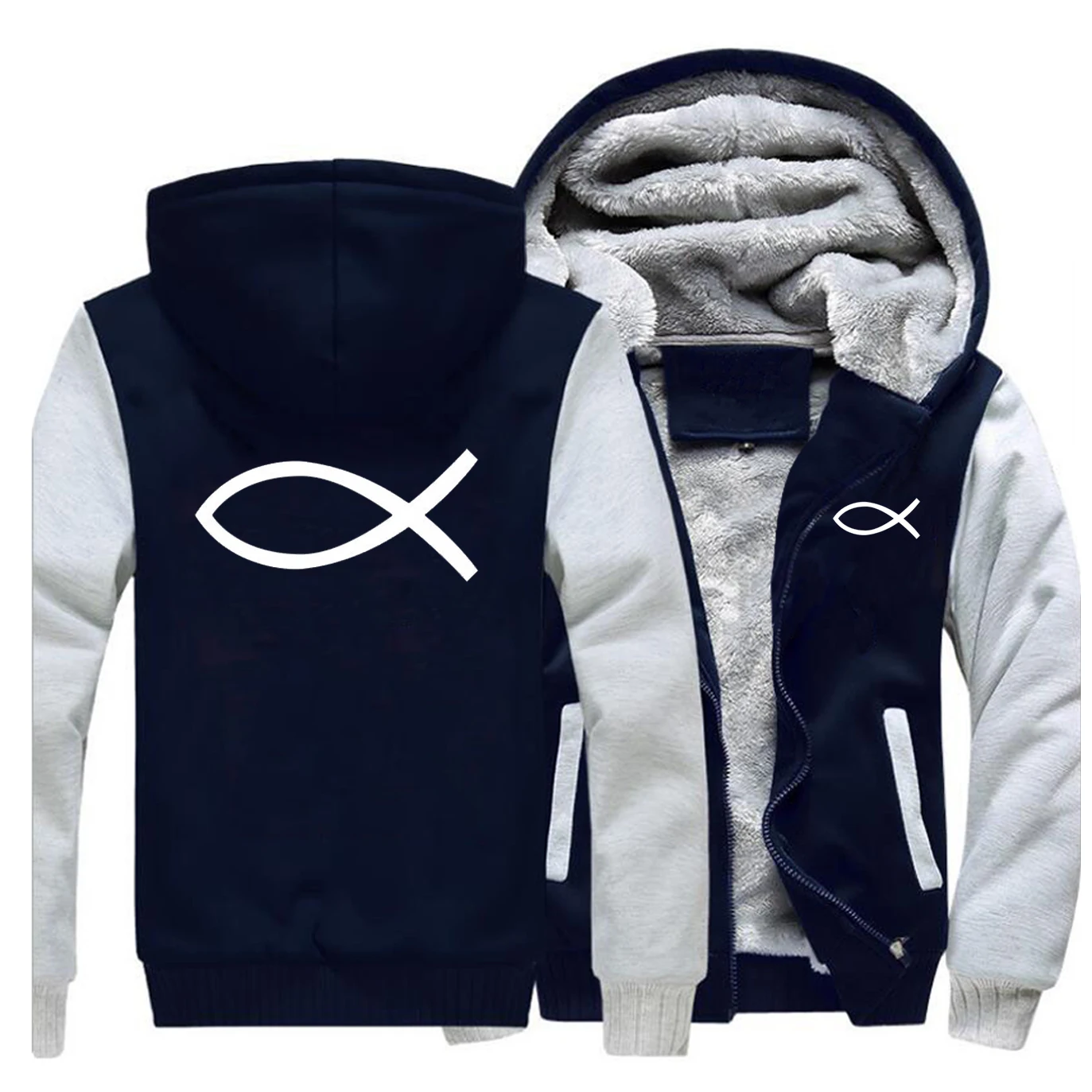 Gray Dark Blue 5 Христианские Иисуса толстовки с принтом рыбы теплая флисовая куртка на молнии Брендовое повседневное утолщенное пальто уличная зимняя мужская Толстая Толстовка - Цвет: Gray Dark Blue 5