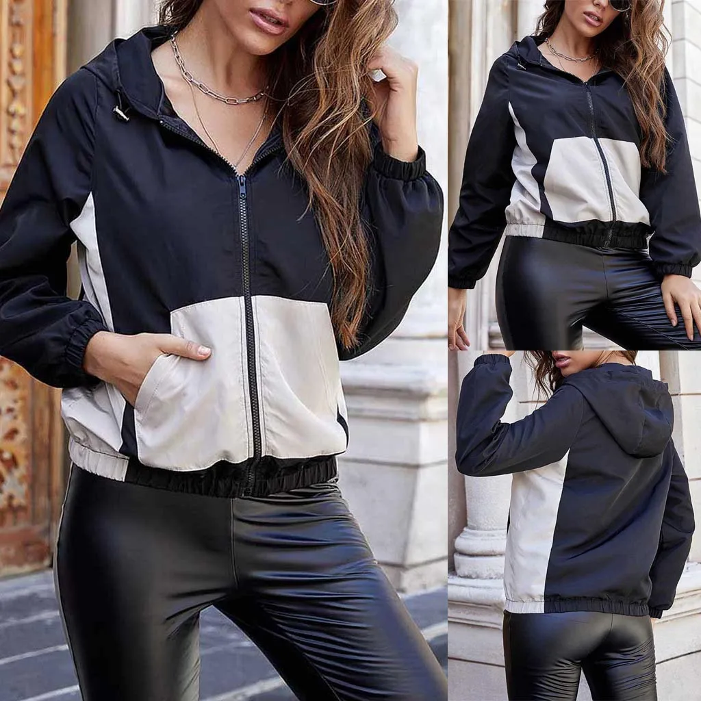 

Matching Windbreaker Hood Leisure Time Pockets Coat Women's Jacket Fashion Color Female Autumn Winter Hooded Streetwear Mujer