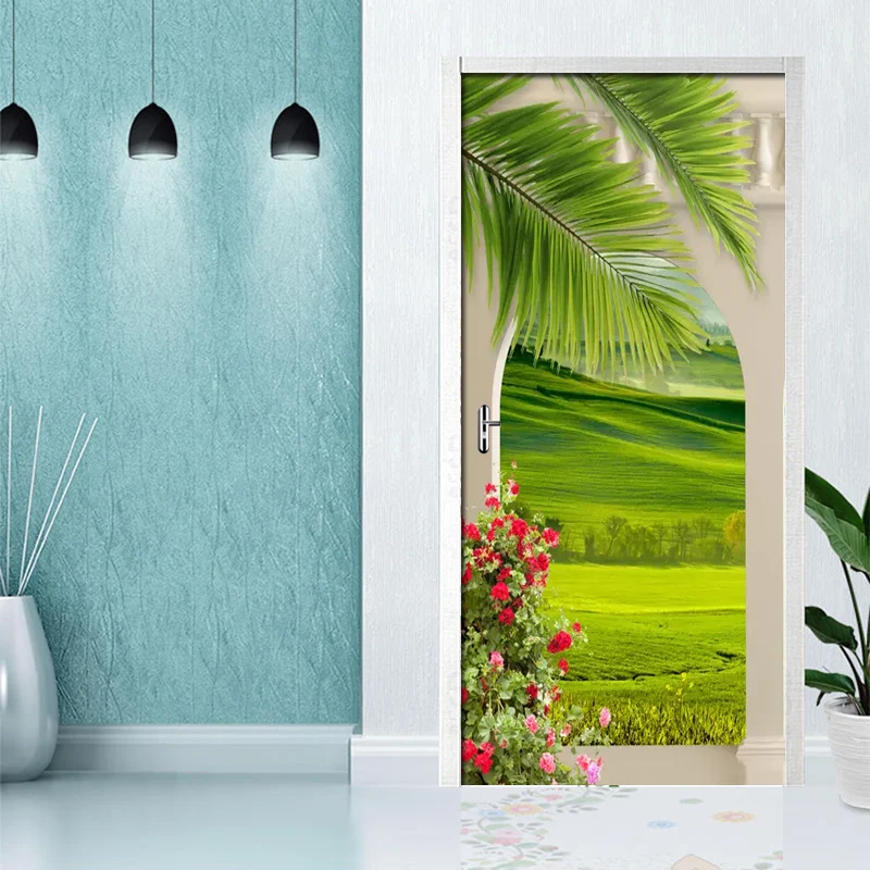 

2Pcs/set PVC Self-Adhesive Balcony Grass Landscape Door Sticker Living Room Hotel Door Waterproof Mural Decals Papel De Parede