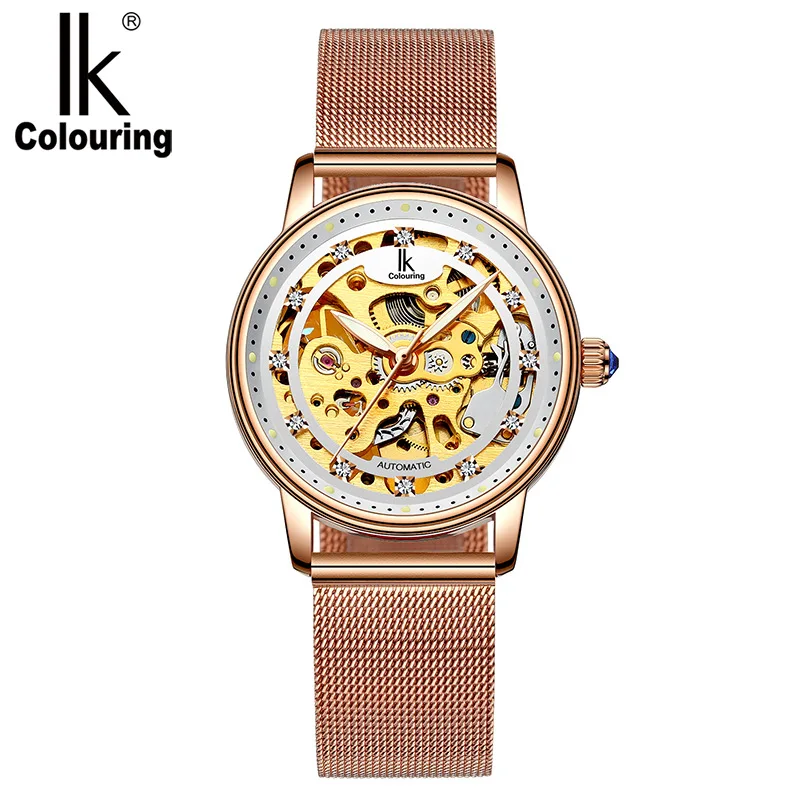 

IK Colouring Luxury Rose Gold Women Automatic Watch Skeleton Stainless Steel for Ladies Mechanical Watches Brand Female Clock
