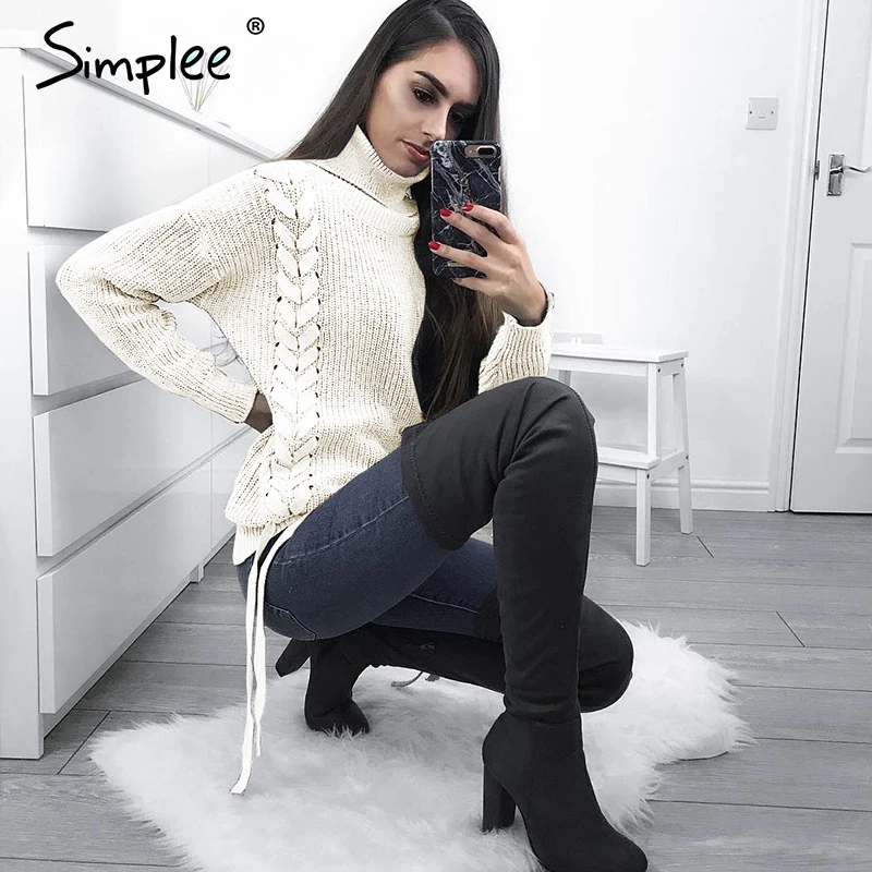 Simplee Side lace up sweaters woman winter 2018 Turtleneck batwing sleeve Loose pullover casual women jumper pull femme | Женская одежда