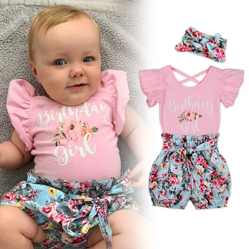 

3 шт., Детский комбинезон с цветочным принтом, шорты-пачки и повязка на голову