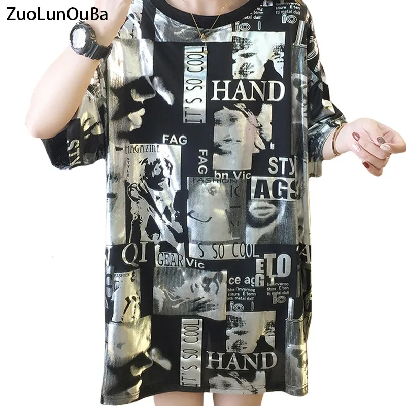 

ZuoLunOuBa 2021 Summer Mid-Length Women T Shirt Fashion Print Letters Harajuku Trend Tees Loose Black Tops Female
