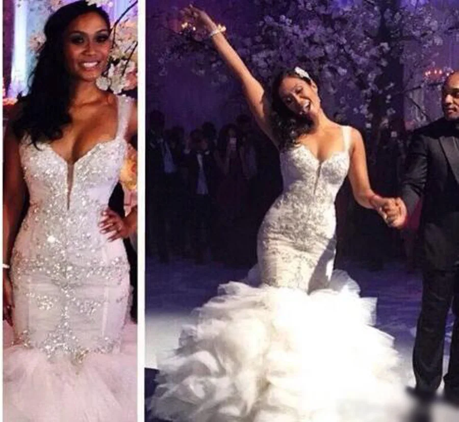 

Роскошное свадебное платье-Русалка es 2021, сексуальное платье с V-образным вырезом и кристаллами, свадебное платье в африканском стиле, свадеб...