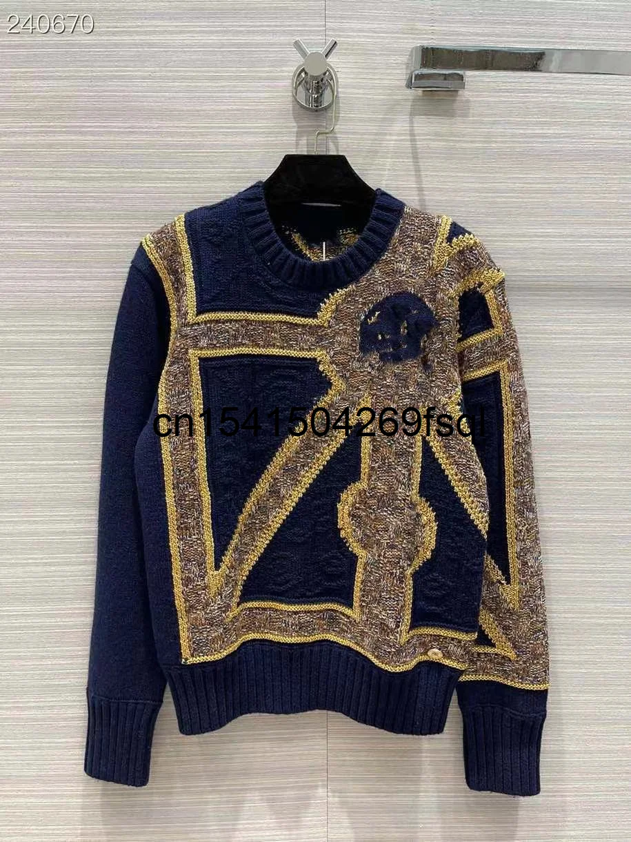 

New 2021 Winter Runway Vintage Pullover Women's Sweater O-neck Contrast Patchwork Jacquard Long Sleeve Knitted Jumper